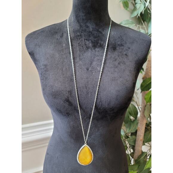 Long Silver Chain Necklace Yellow Teardrop Pendant Crystal Rhinestone Jewelry - Picture 2 of 6